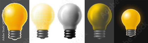 Obraz Yellow light bulb in retro style with halftone effect. Set of lightbulbs, cut from a newspaper or magazine for retro collage. Isolated on white or black background with glow. Vector illustration