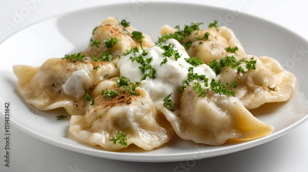 Obraz Polish pierogi dumplings with sour cream.