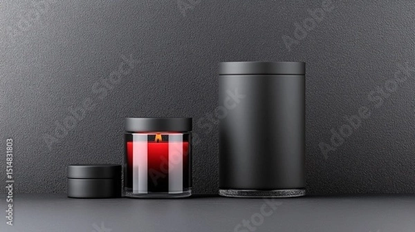 Obraz Black and Red Candle in Glass Jar Mockup with Lid Off