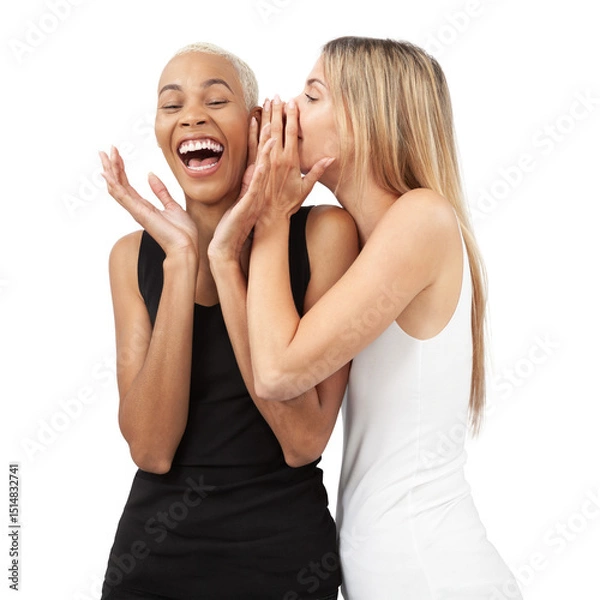 Fototapeta Happy interracial lesbian couple laughing and whispering to each other. Concept of love, diversity, inclusion, and equal rights. Isolated on white background
