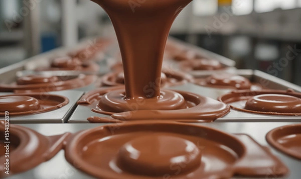 Fototapeta Chocolate Manufacturing Process – Automated Molding Machine Pouring Liquid Chocolate into Molds for Chocolate Factory Tours and World Chocolate Day Celebrations