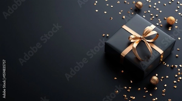 Obraz Black Gift Box with Golden Ribbon on Dark Background