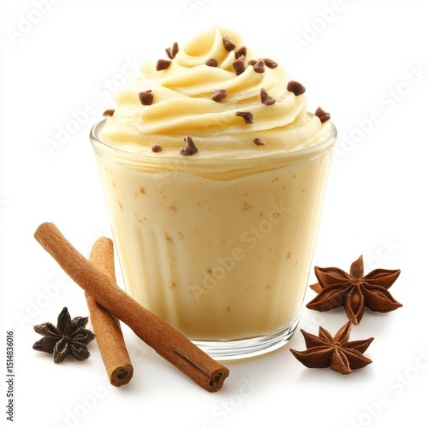 Obraz Rich creamy vanilla custard dessert topped with chocolate sprinkles in a glass with cinnamon sticks and star anise for flavor and presentation