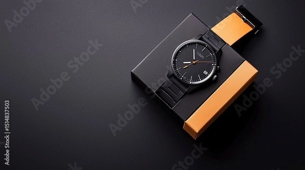 Obraz Black Men's Wristwatch in Kraft Gift Box on Dark Background