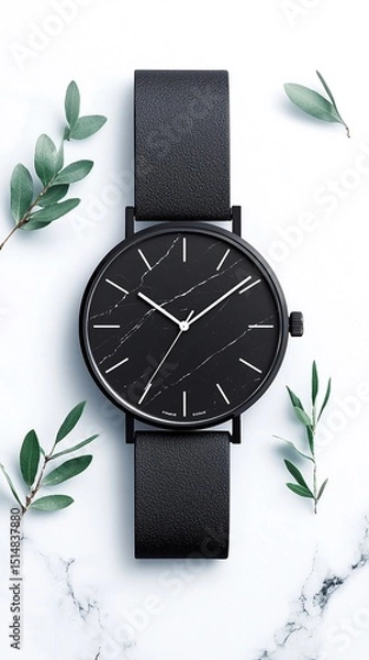 Obraz Black Minimalist Wristwatch on Marble Surface with Greenery