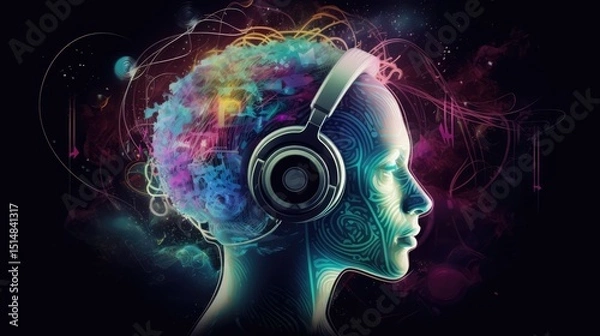 Fototapeta Abstract space fantasy:  DJ in headphones surrounded by the magic light of a dream universe