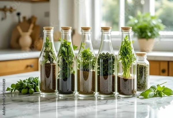 Obraz herbs and seeds in glass bottles with corks