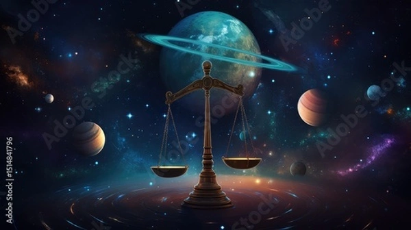 Fototapeta A lone satellite orbits through the dark cosmos, gazing upon a distant, blue Earth under a sky filled with countless stars, illustration symbolizing justice to commemorate the day of justice