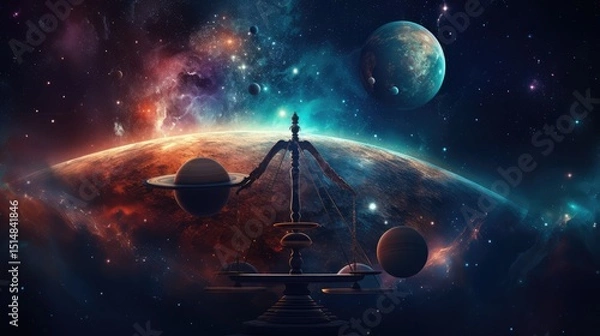 Fototapeta A lone satellite orbits through the dark cosmos, gazing upon a distant, blue Earth under a sky filled with countless stars, illustration symbolizing justice to commemorate the day of justice