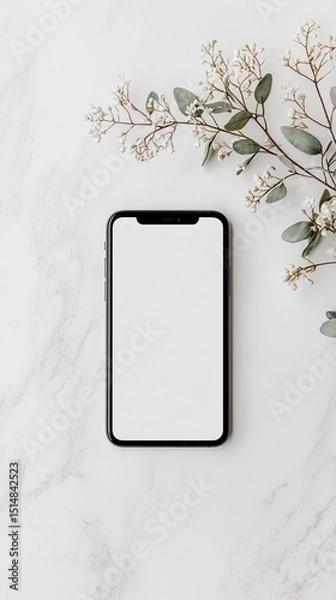 Obraz Blank Smartphone Screen Mockup with White Flowers and Greenery on a Textured White Background