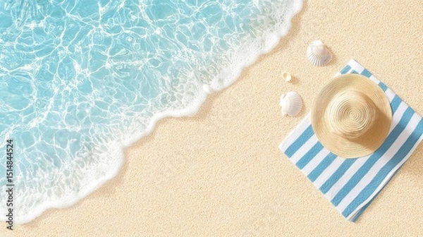 Obraz Blue And White Striped Beach Towel With Straw Sun Hat On Sandy Beach