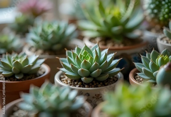 Obraz close-up photo of small green succulents in pots