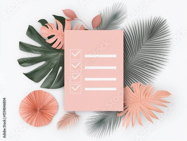 Obraz Blush Pink Checklist on White Background with Tropical Leaves