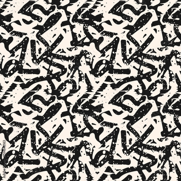 Fototapeta Graffiti pattern. Vector abstract seamless texture with paint splashes, chaotic shapes, strokes, lines, dots. Ink spray grunge background. Urban art. Modern black and white painting. All-over design