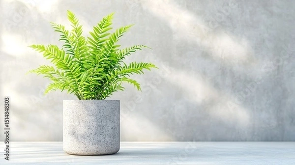 Obraz Bright Green Fern in a Textured Grey Pot Against a Grey Wall