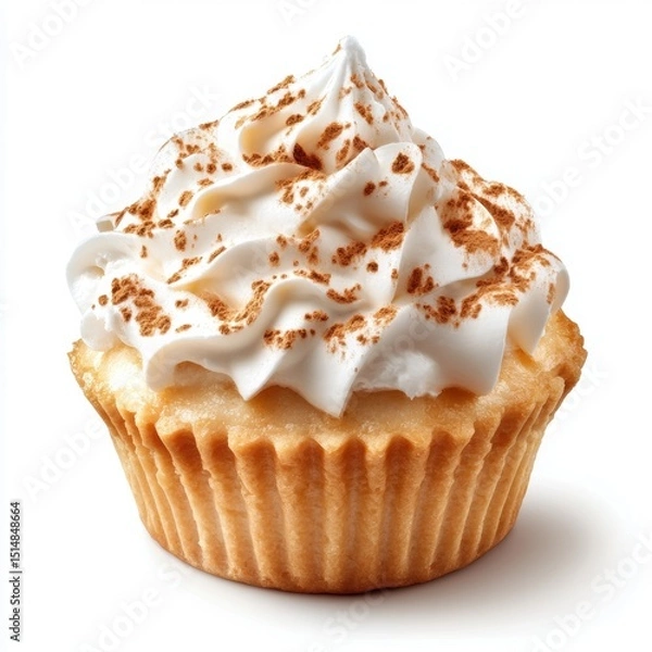 Obraz Close-up of a delicious vanilla cupcake topped with whipped cream and cocoa powder, showcasing a sweet dessert with soft sponge and creamy frosting on a white background