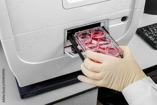 Fototapeta A gloved hand loads a multiwell plate with red samples into a laboratory analyzer.