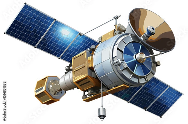 Obraz orbiting satellite with antenna and camera systems, military recon vector isolated on white
