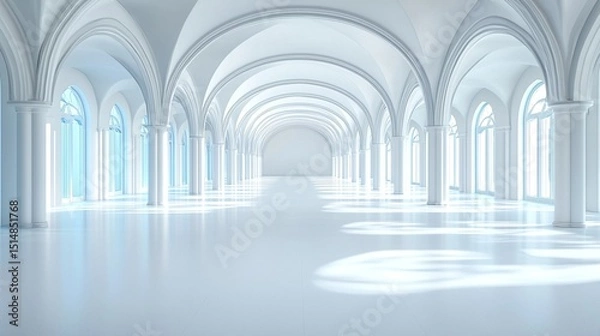 Obraz Bright White Minimalist 3D Render of a Grand Hall with Columns and Arches