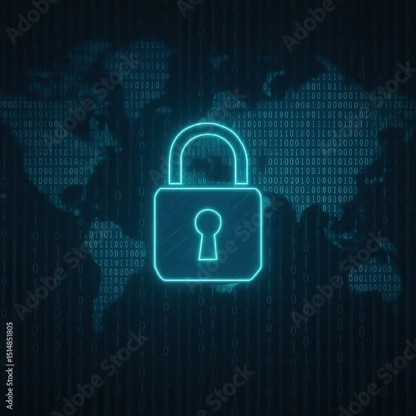 Fototapeta Cyber security Lock on Digital World Map Background
