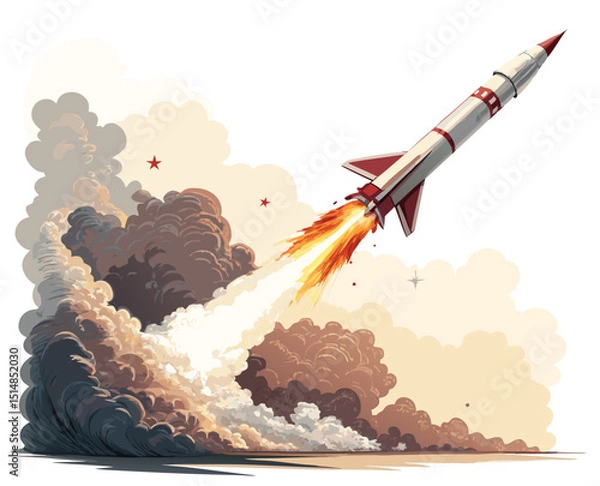 Obraz vector of missile launching into air with smoke plume and fire trail, isolated on white
