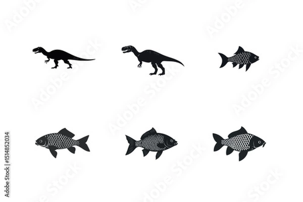 Fototapeta Silhouette set dinosaurs and fish illustrations