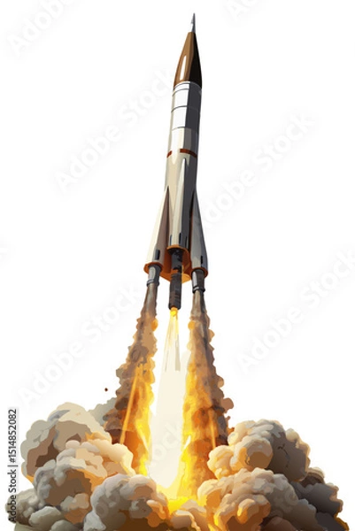 Obraz vector of missile launching into air with smoke plume and fire trail, isolated on white
