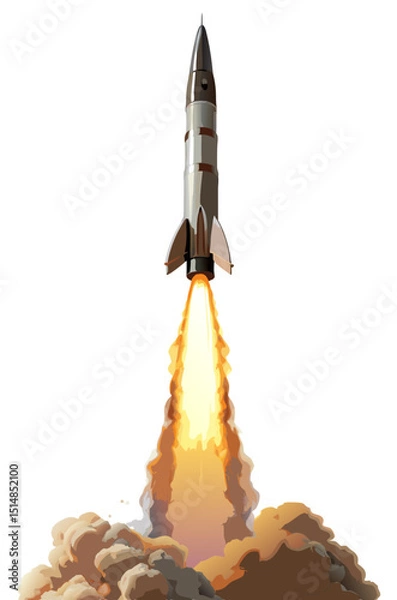 Obraz vector of missile launching into air with smoke plume and fire trail, isolated on white
