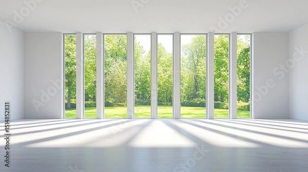 Obraz Bright White Room with Large Windows Showcasing a Lush Green Landscape