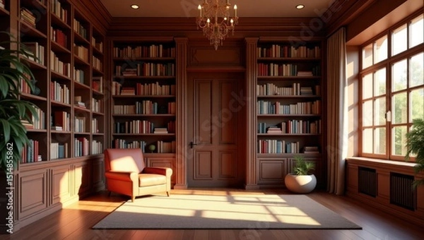 Fototapeta  A modern home library featuring floor-to-ceiling bookshelves, a comfortable reading chair, and soft lighting.