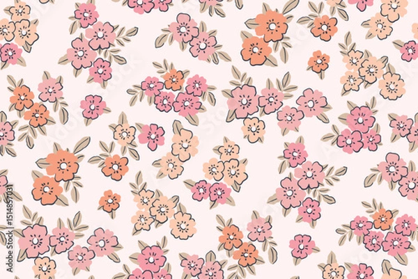 Fototapeta Seamless floral pattern, delicate ditsy print of small hand drawn flowers. Gentle botanical design in pastel colors. Tiny flowers, leaves, simple mini bouquets abstract. Vector illustration.