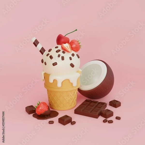 Fototapeta 3D ice cream in a waffle cone with cherry, strawberry and waffle tube. Ice cream with chocolate bar and coconut. Sweet tooth day. Delicious sweet desserts. 3D rendering.