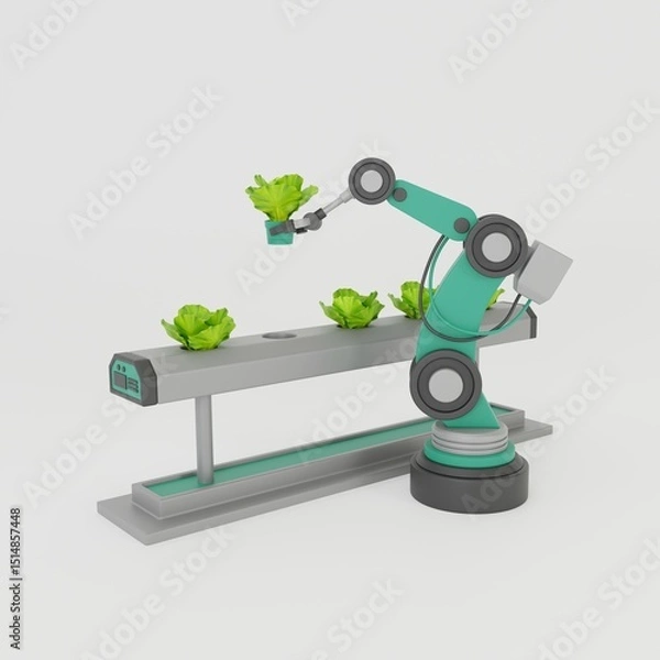 Fototapeta 3D robotic arm working on hydroponic farm. Agricultural technologies, smart farm automation. 3d rendering.
