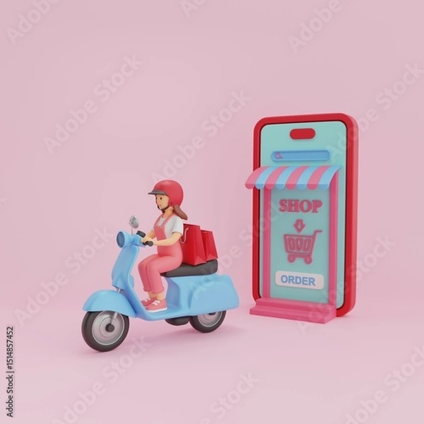 Fototapeta A courier girl rides with purchases on a blue scooter. Mobile shopping site. Online order from a smartphone. 3D rendering.