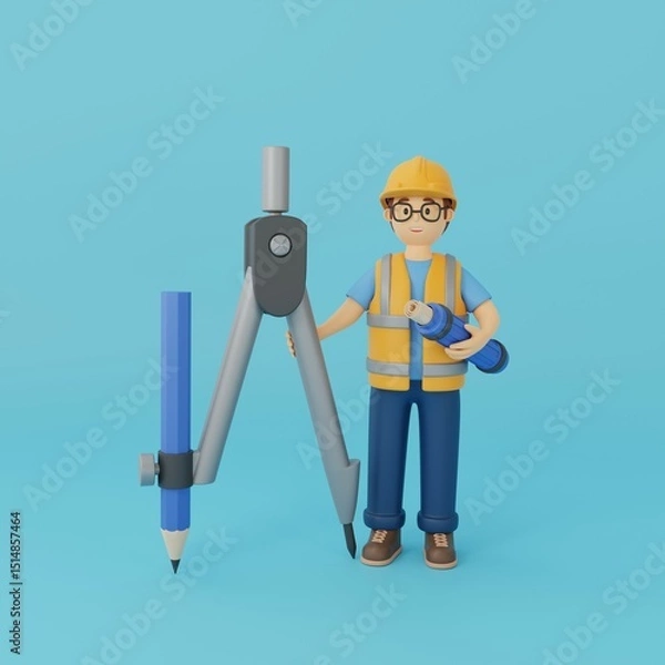Fototapeta 3d character architect in helmet holds compass and tube with drawings. Civil engineer with drawing instruments. 3d rendering.
