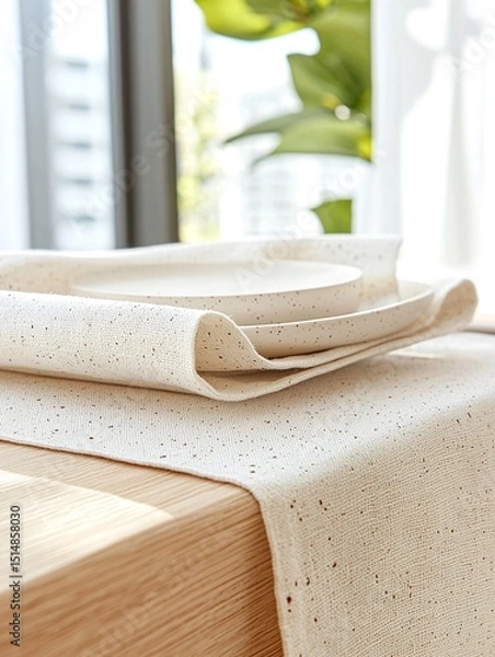Obraz Ceramic Plate Mockup on Textured Linen Table Setting