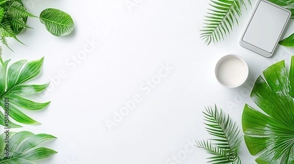 Obraz Clean White Office Desk with Green Tropical Leaves Planner and Phone