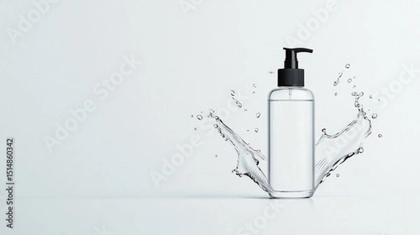 Obraz Clear Glass Bottle with Pump Dispenser and Water Splash on White Background