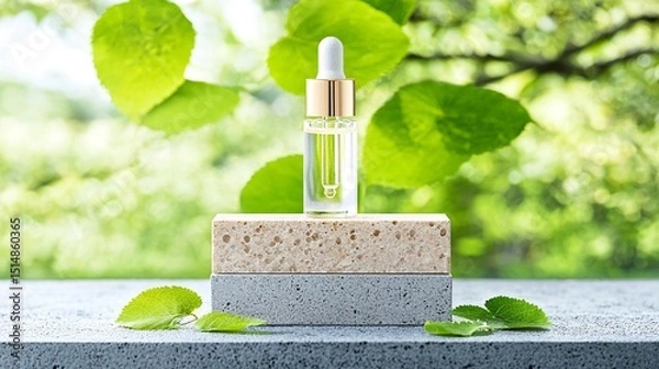 Obraz Clear Glass Dropper Bottle on Natural Stone Display with Green Background