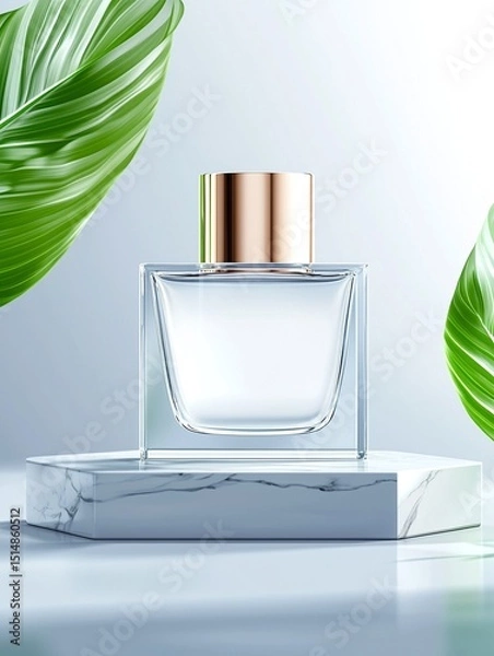 Obraz Clear Glass Perfume Bottle with Gold Cap on Marble Display with Green Leaves