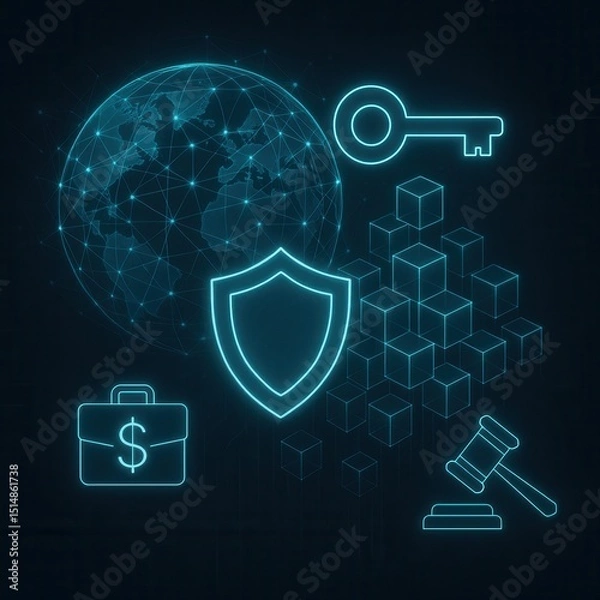 Fototapeta Global Cybersecurity Concept with Key, Blockchain, Shield, Gavel, and Finance 