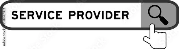Fototapeta Search banner in word service provider with hand over magnifier icon on white background