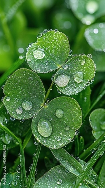 Obraz Close Up of Dew Covered Clover and Grass Blades