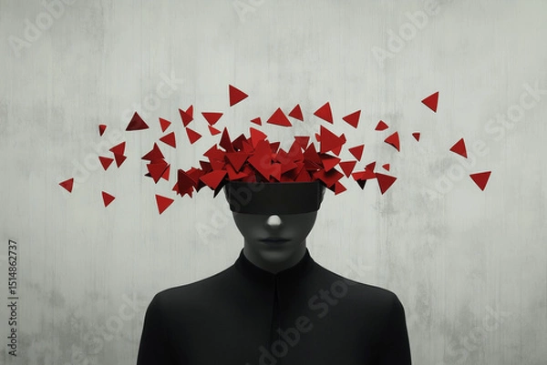 Fototapeta A woman with her head covered in red triangles, wearing black, and blindfolded / overthinking concept