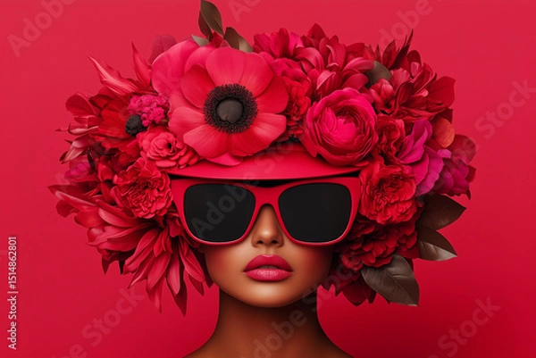 Fototapeta A fashion model wearing red sunglasses and a hat made of flowers, against a red background