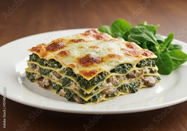 Fototapeta Delicious homemade lasagna with spinach, ricotta cheese, and layers of pasta on a white plate garnished with fresh spinach leaves