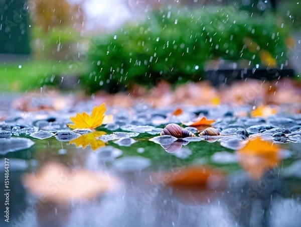 Obraz Close-Up of Wet Stones and Autumn Leaves in Rain