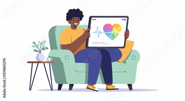 Fototapeta Mental Health Checkup App Man Using Telehealth Tablet