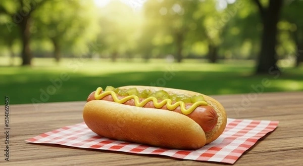 Fototapeta Delicious hotdog with mustard and relish on a picnic table in a sunny park setting surrounded by lush greenery and trees on a warm summer day