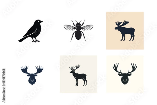 Fototapeta Silhouette icons of birds insects and deer